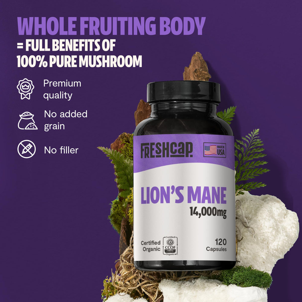 FreshCap Mushrooms Lions Mane Supplement Capsules 14,000mg - Lion's Mane, High Potency Extract, 14:1 Organic Mushroom Supplement, Ayurveda Focus Made in USA (120 Capsules)