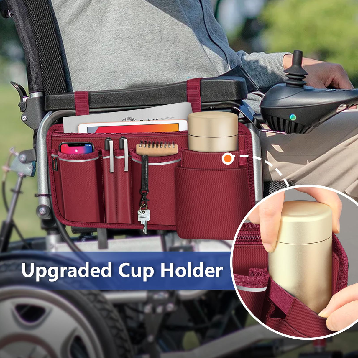 FINPAC Wheelchair Side Storage Bag w/Cup Holder, Wheelchair Armrest Accessories Pouch with Pen Slot and Reflective Strips for Power Walkers, Rollators, Seniors - Burgundy