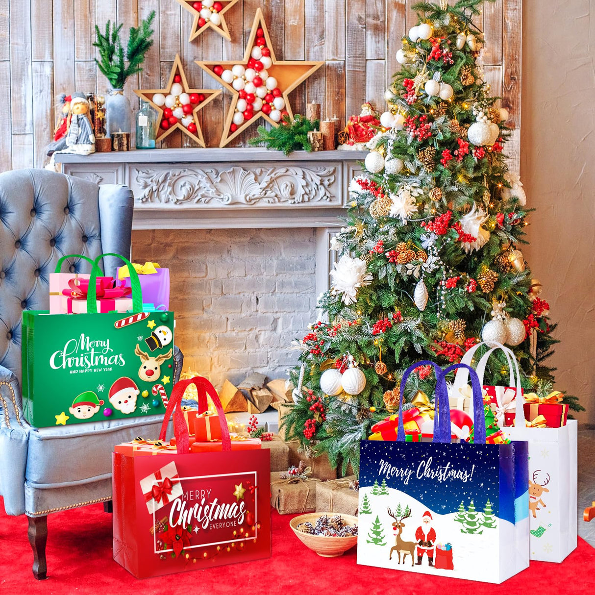 IPQXE 22 Pack Christmas Gift Bags Assorted Sizes- Reusable Tote Bags Non-Woven, Xmas Shopping Bags with Handles, for Christmas Treat Bags, Gifts Wrapping, Xmas Party Supplies 2 Large 8 Medium 12 Small