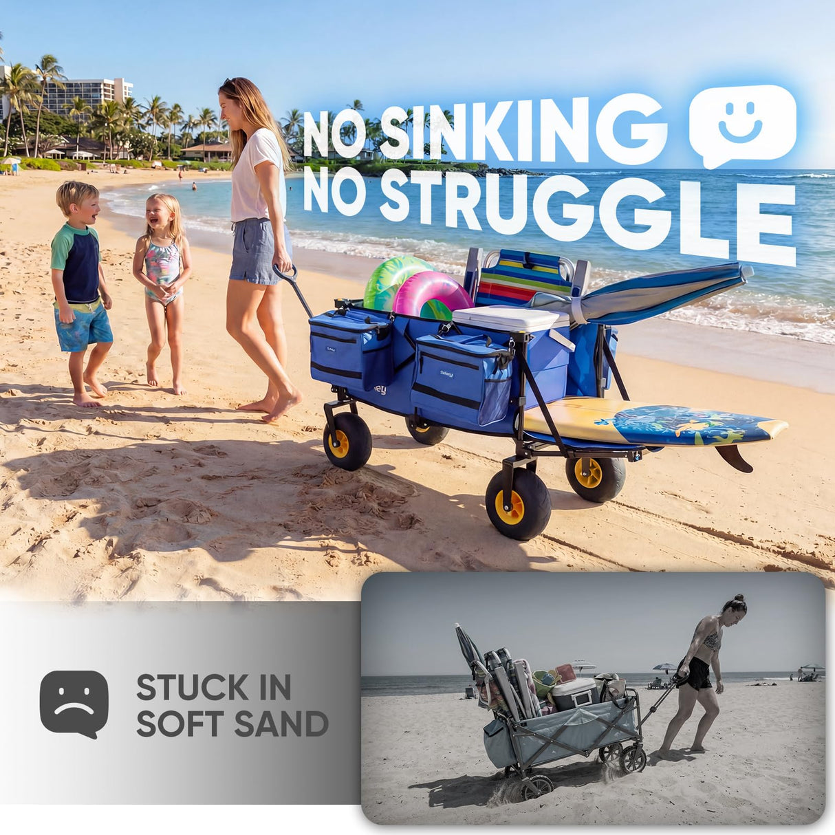 Sekey Heavy Duty Beach Wagon with 9" Big Sand-Proof Wheels, 300L Oversized Foldable Beach Cart with Cooler| Adjustable Handle & Balloon Tires for Sand, Camping,Vacation