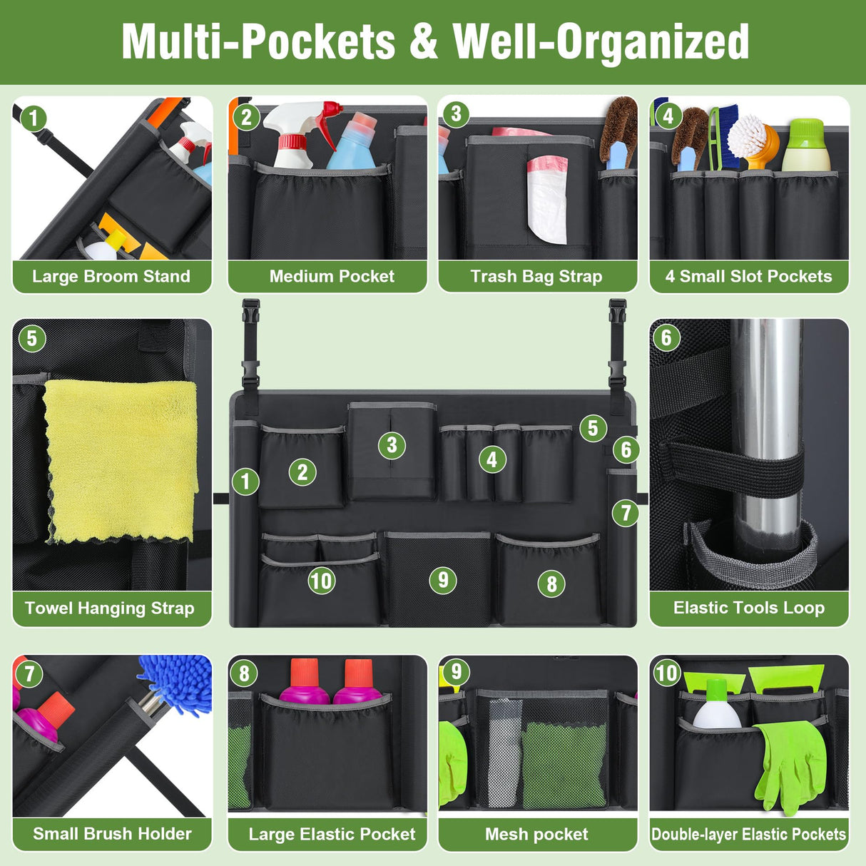 Trash Can Caddy Bags Fit 32-55 Gallon Garbage Bins, Garbage Bin Caddy Bag Organizer with Multi-Pockets, Organizer For Cleaning, Maid, & Janitorial Duty, Cleaning Caddy Bag Only