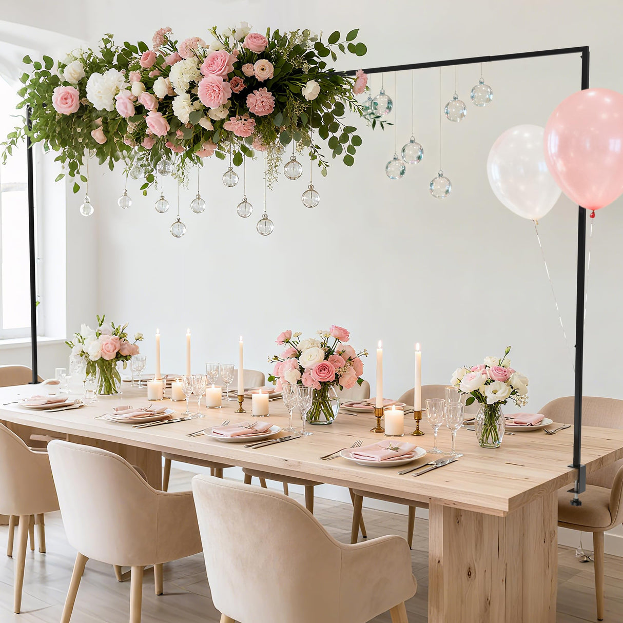 Fomcet Over The Table Rod Stand with Clamps 13"-42'' Tall 29"-98" Length Metal Black Adjustable Table Arch Hanging for Wedding Birthday Party Christmas Anniversary Decoration