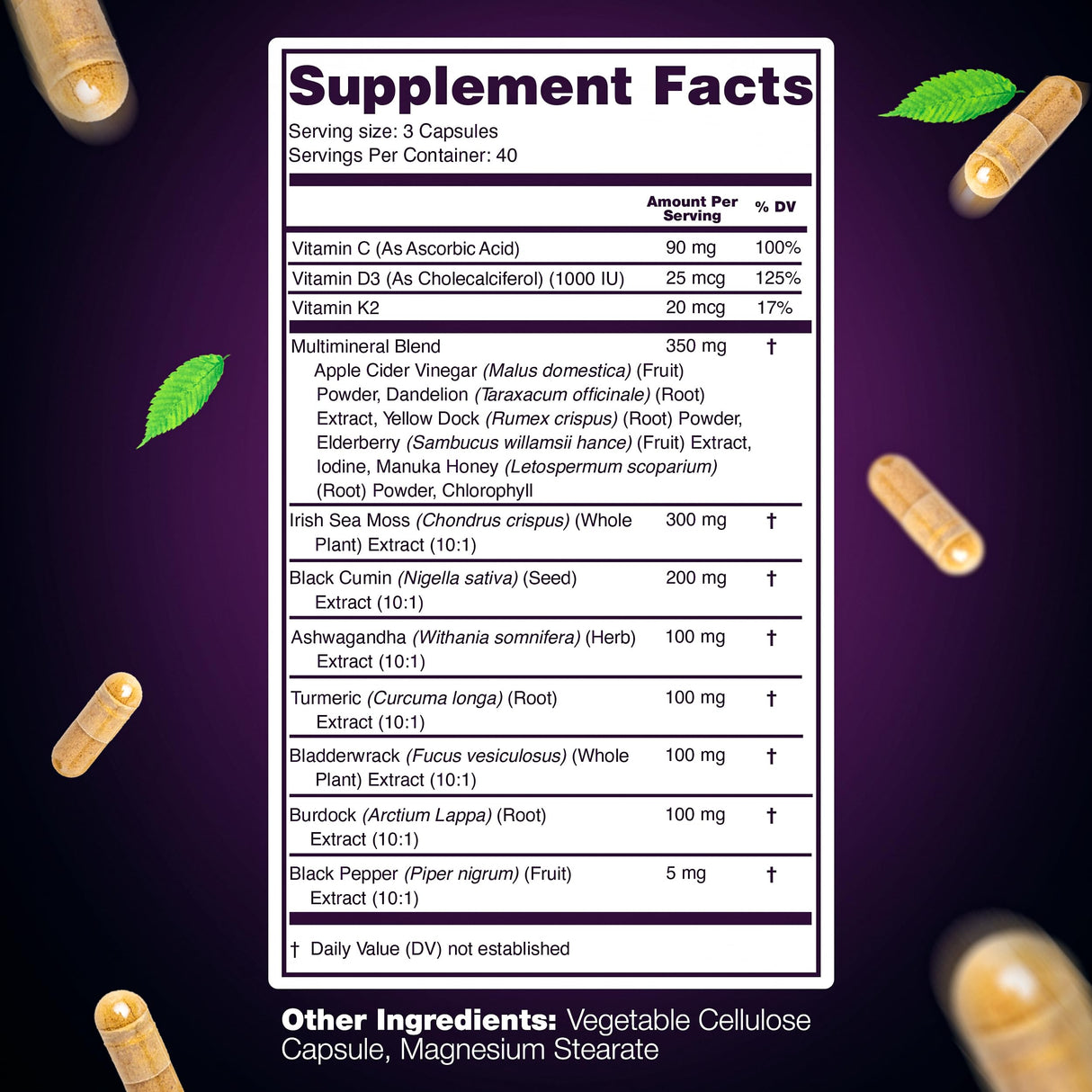 LetaGreen Sea Moss Black Seed Oil Ashwagandha Bladderwrack Burdock Turmeric & Vitamin C, D3, K2 with ACV Elderberry Manuka Honey Dandelion Yellow Dock Iodine Chlorophyll 240 Count