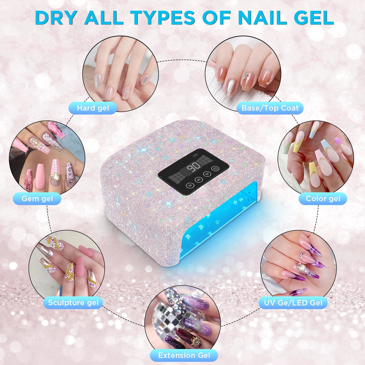 Aedavey Cordless UV Nail Lamp, Rechargeable UV Light for Gel Nails, LED Nail Lamp with 4 Timer Modes, Gel Nail UV Light Decorate with Sparkling Nail Rhinestones (Sparkly White)