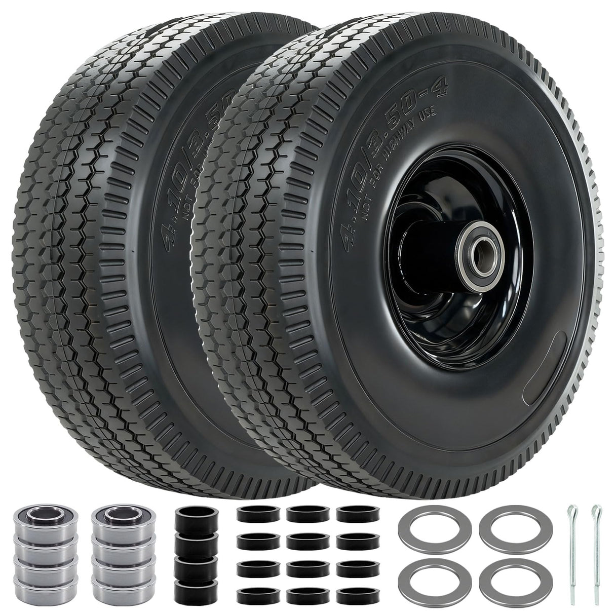 4.10/3.50-4 Tire and Wheel, 10" Solid Tires with 5/8” Bearing, Extra 3/4”&1/2” Bearings, 2.2” Offset Hub, Flat Free 4.10/3.50-4'' Wheels for Dollies, Hand Trucks, Tractors (2 Pack) (Black)