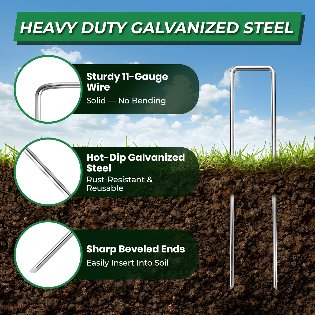 Landscape Staples 50 Pack, 6 Inch 11 Gauge Heavy Duty Galvanized Garden Staples with 50pcs Fixing Washers, Rubber Mallet & Hook Remover, U Shaped Weed Barrier Stakes for Sod, Turf and Lawn