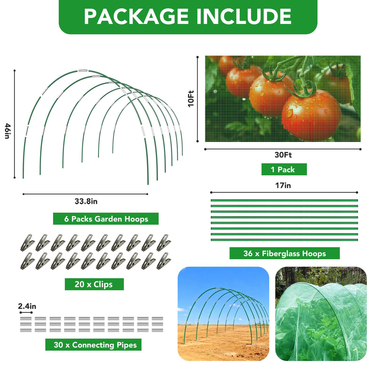 Garden Mesh Netting Kit for Raised Beds, 10x30FT Green Garden Netting &6 Sets Fiberglass Garden Hoops, Row Cover Garden Netting Pest Barrier Plant Protection for Vegetable Flowers Fruits