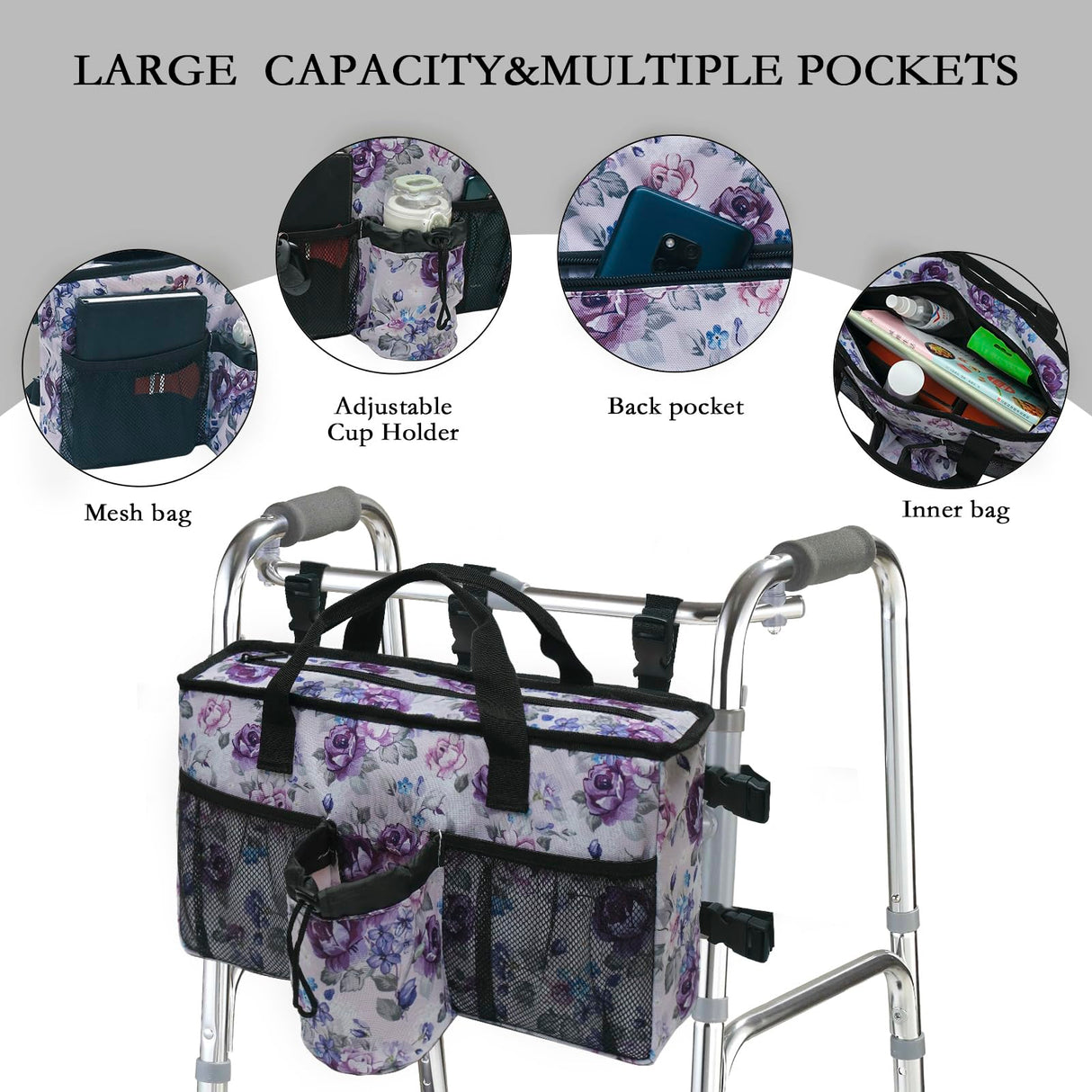 Compact Walker Bag with Pockets, Adjustable Strap, Easy Access Walker Storage Solution