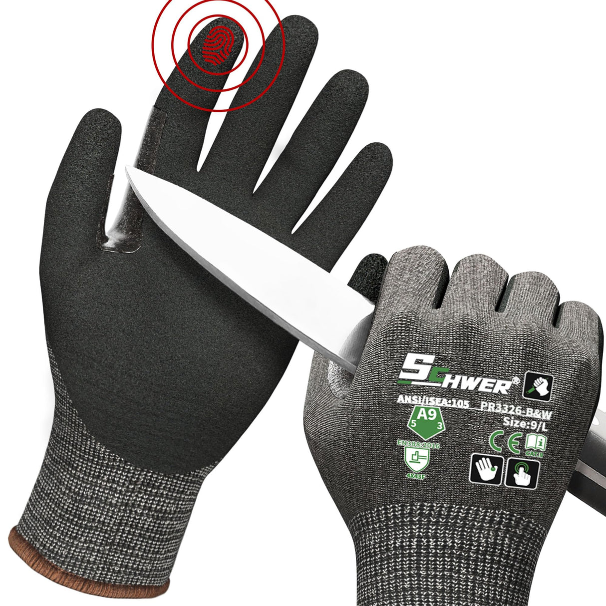 Schwer ProGuard High Level Cut Resistant Work Gloves PR3326 for Extreme Protection,ANSI A9 Cut Gloves with Reinforced Thumb, Non Slip, Durable, Touch-screen, Black 2 Pairs(L)