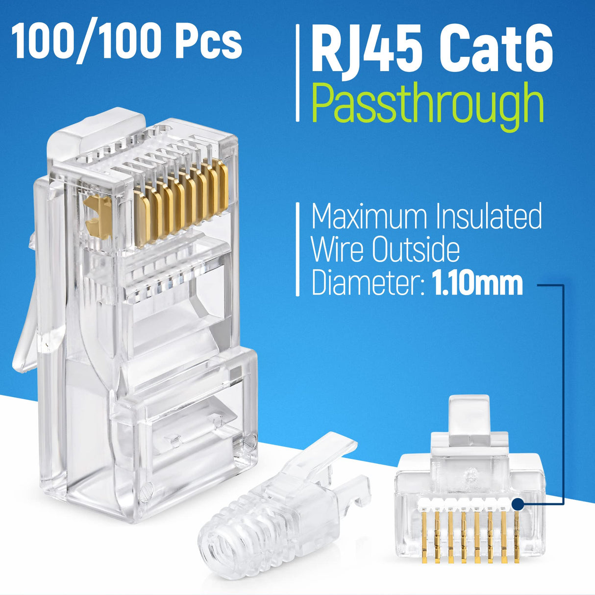 GTZ RJ45 Cat6 Pass Through Connectors and Strain Relief Boots - Pack of 100/100 - EZ to Crimp Modular Plug for Solid or Stranded UTP Network Cable