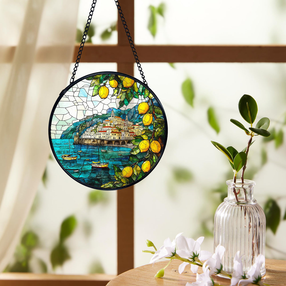 XINCEYWJ Mediterranean Tuscan Decor, Italian Lemon Amalfi Coast Suncatchers Stained Glass Window Hanging, Summer Beach Sun Catchers Indoor Window Glass Round Wall Decor, 7.9x7.9in