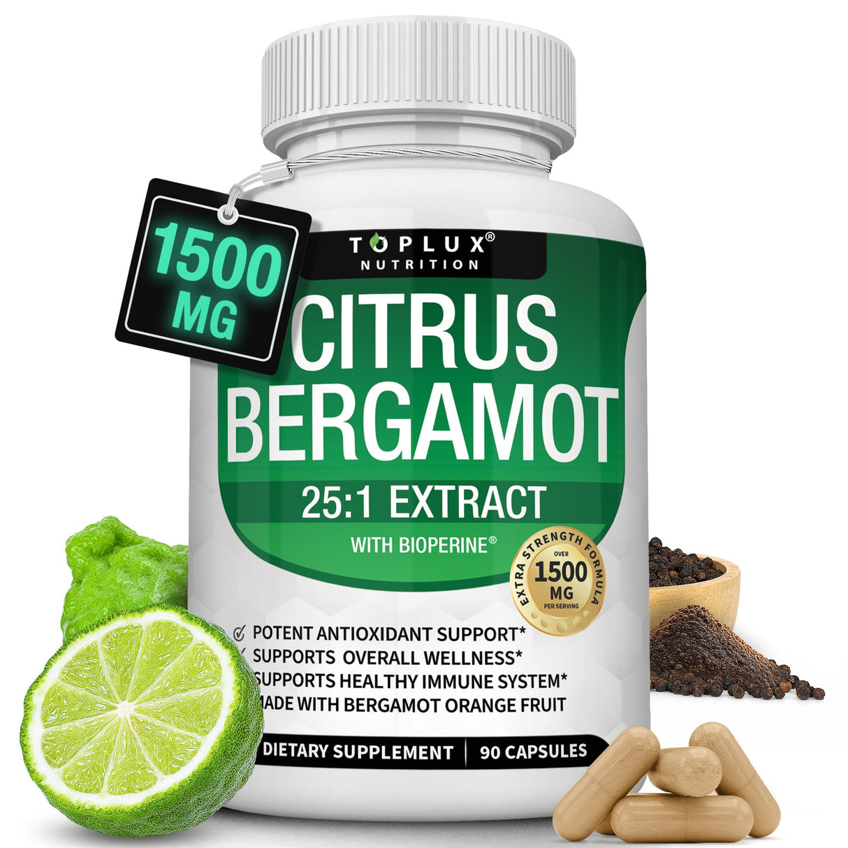 Citrus Bergamot Supplement 1500mg - 25:1 Bergamot Extract to Support Overall Health, Immune System, Potent Antioxidant High Absorption Natural Vegan Non-GMO for Men Women, 90 Capsules
