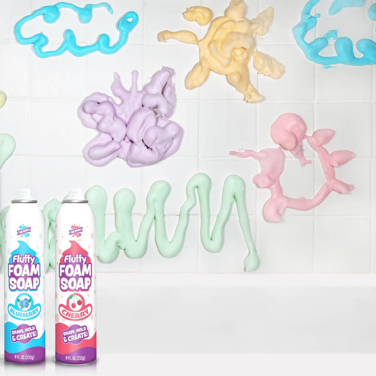 Tub Works® Fluffy Foam Soap, Variety 6 Pack | Shape, Mold & Create Bath Art with Soft Bath Foam for Kids | Gentle, Cleansing Kids Bath Soap | Easy-to-Use Spray Nozzles | Fruity, Fun Bath Colors