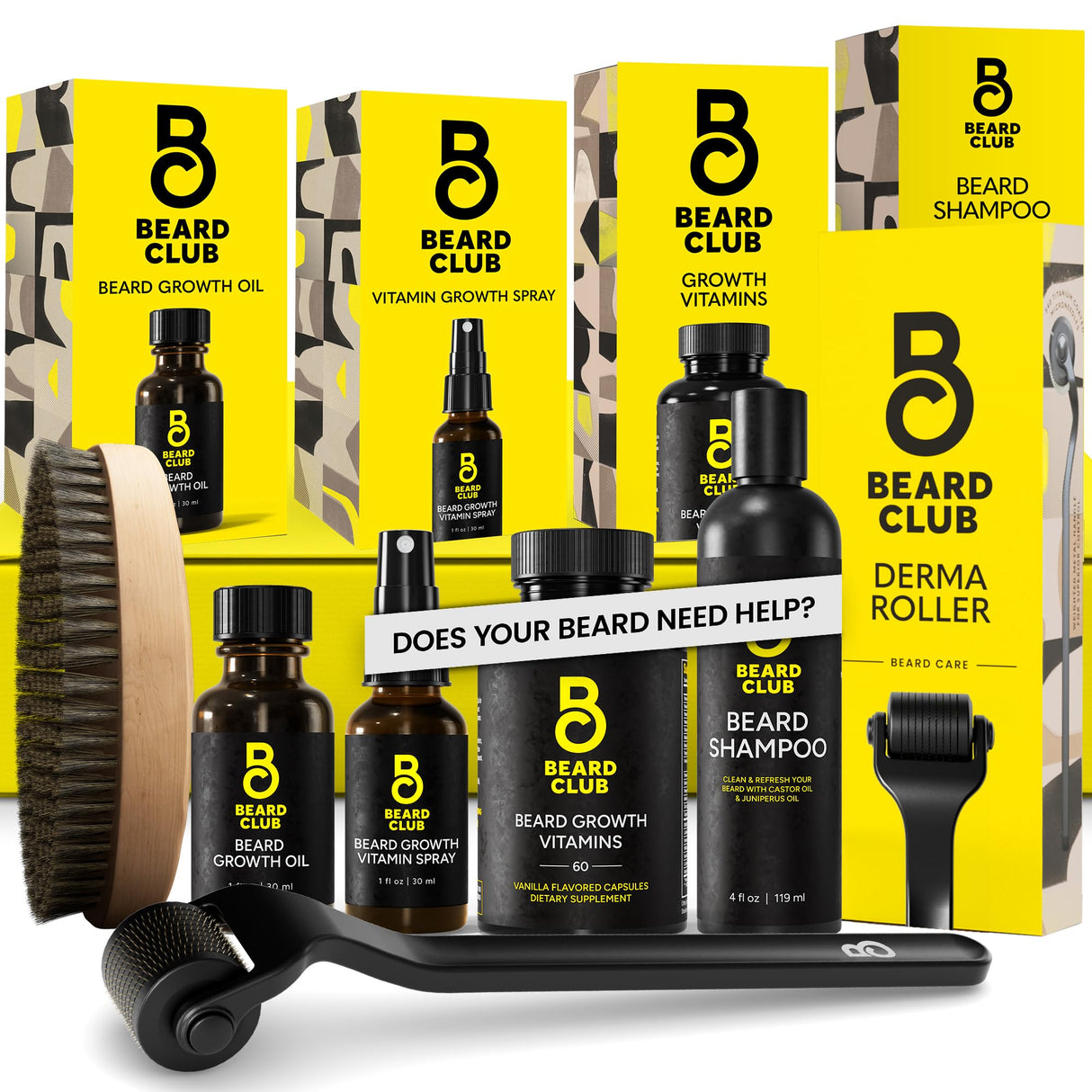 Beard Club Advanced Beard Growth Kit - Derma Roller, Growth Oil, Vitamins and Vitamin Spray, Shampoo and Boar Bristle Brush - Gift Set - Cedar