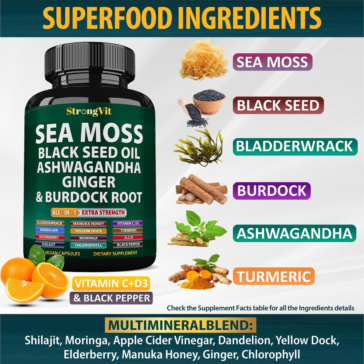 Sea Moss Black Seed Oil Ashwagandha Ginger, Organic Sea Moss Capsules with Burdock Root, Irish Seamoss Pills with Bladderwrack, Turmeric, Shilajit, Multimineral Supplement, USA (60 Capsules)