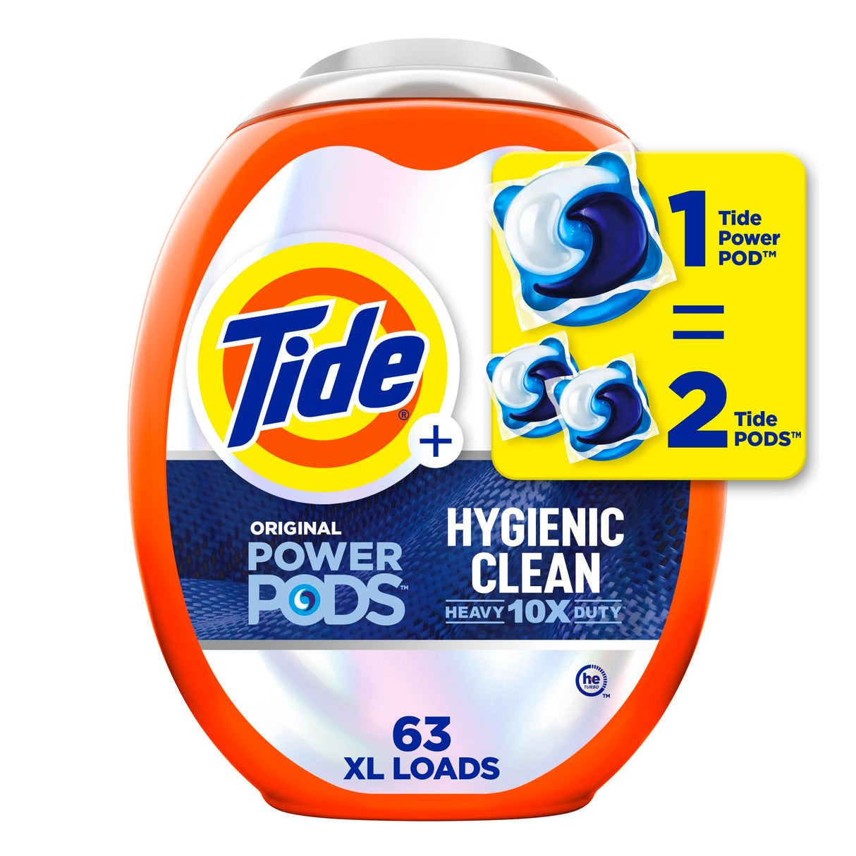 Tide Hygienic Clean Heavy 10x Duty Power PODS Laundry Detergent Pacs Original 63 count For Visible and Invisible Dirt (Pack of 1)