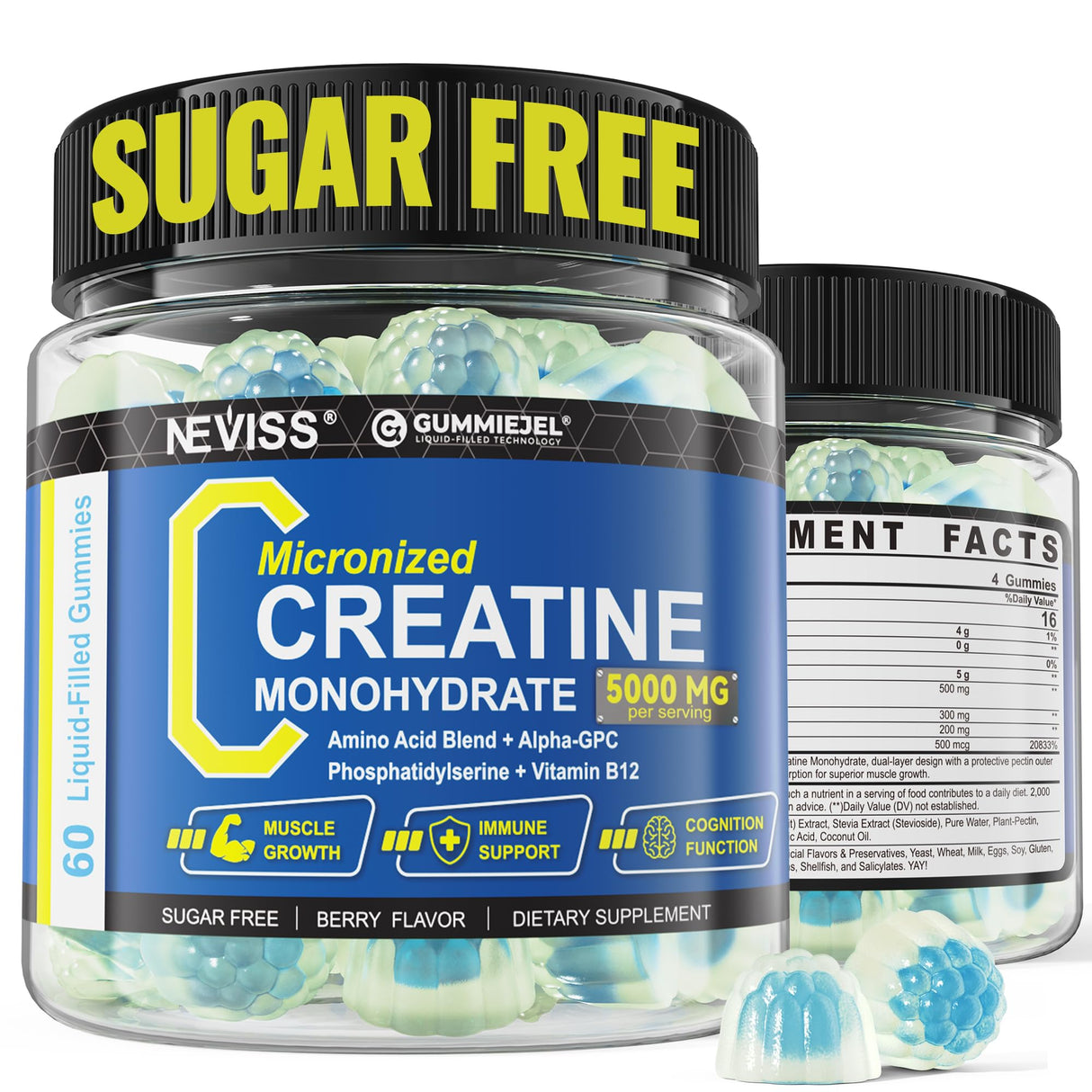Micronized Creatine Monohydrate Gummies 5000MG for Women & Men, with Amino Acid Blend, Alpha-GPC, Phosphatidylserine & Vitamin B12 for Muscle Strength, Recovery, Energy, Focus, Sugar Free, 60cts