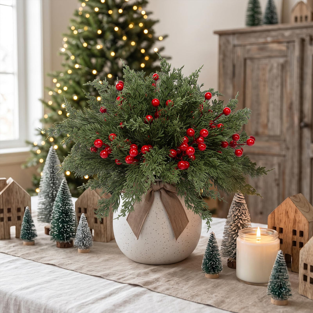 lovemoon 70Pcs Christmas Artificial Pine Stems with Red Berries, Faux Cedar Branches, Fake Christmas Greenery Pine Picks with Berries Stems for DIY Crafts, Garland Wreath & Home Xmas Decor (70)