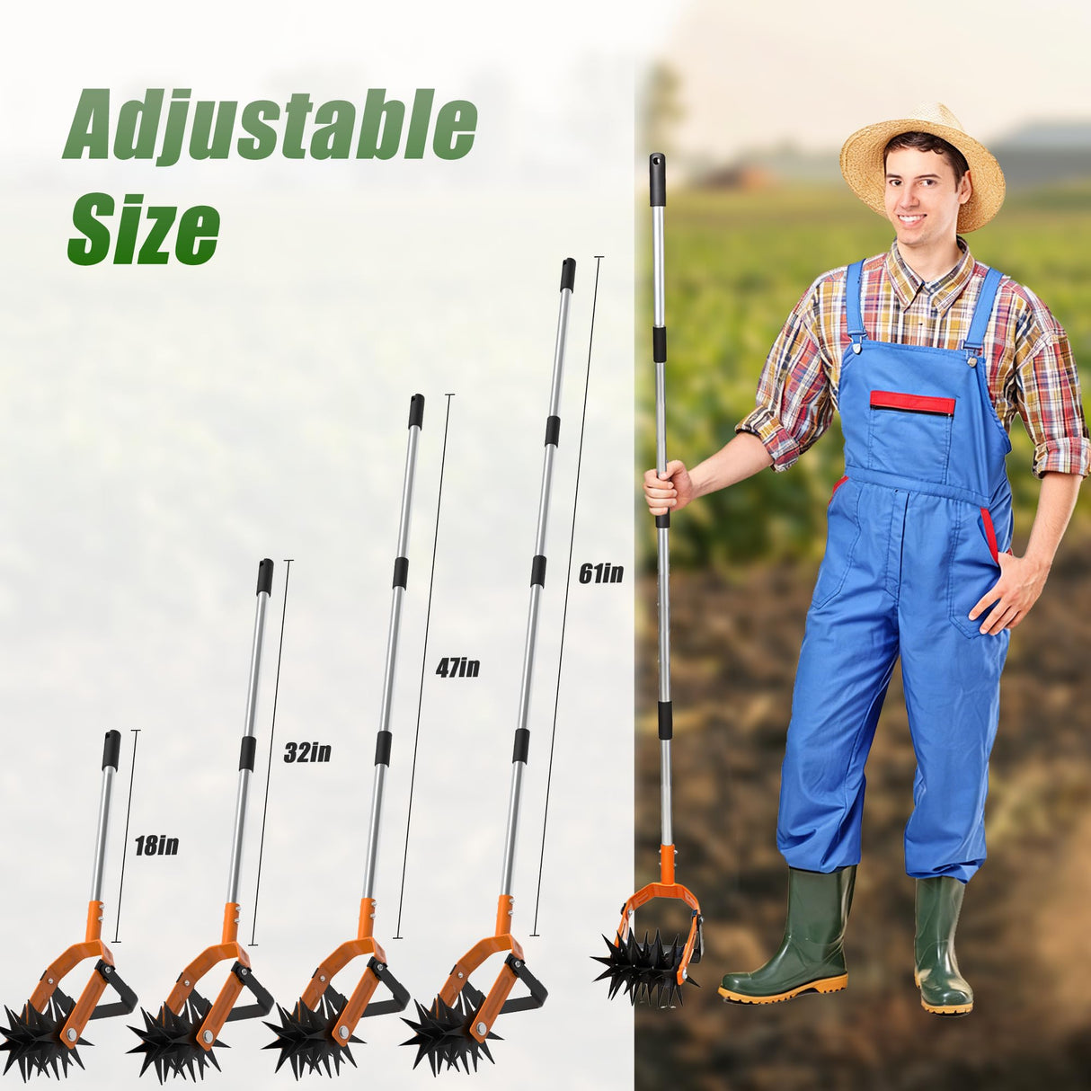 DwelSpire Rotary Cultivator - Long Handle Garden Cultivator with Adjustable Stainless Steel Pole, 2-in-1 Hand Tiller Garden Tool for Weeding, Soil Loosening, Aerating & Reseeding Grass