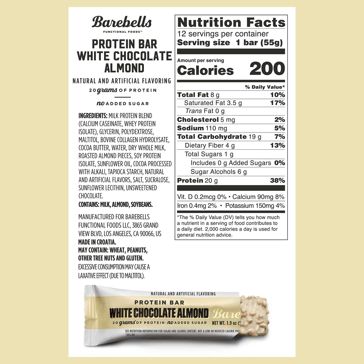 Barebells Protein Bars White Chocolate Almond - 12 Count, Pack of 2 - Protein Snacks with 20g of High Protein - Chocolate Protein Bar with 1g of Total Sugars - On The Go Protein Snack & Breakfast Bars
