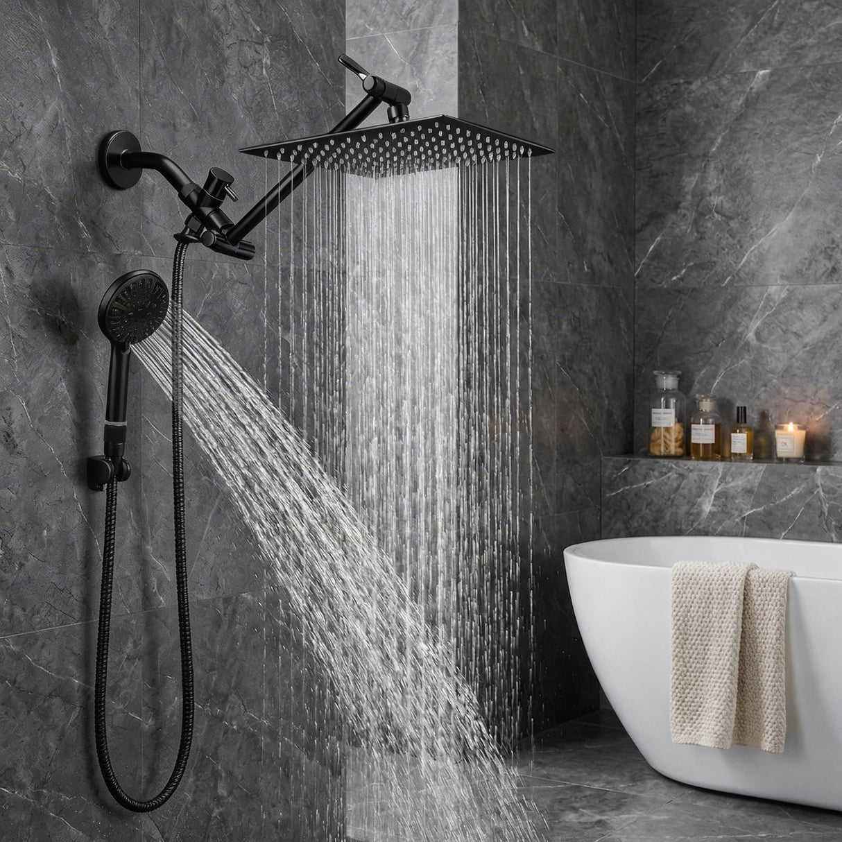 Tudoccy Shower Head, 8ββ High Pressure Rainfall Shower Head/Handheld Shower Combo with 11'' Extension Arm, 9 Settings Anti-leak Shower Head with Holder, Height/Angle Adjustable, Matte Black