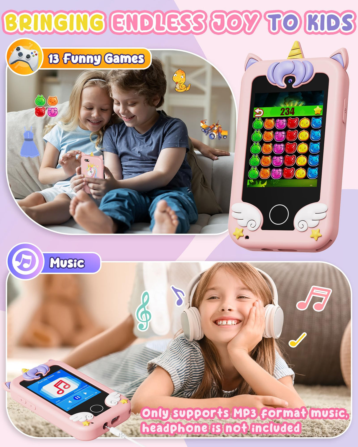 UCIDCI Unicorn Kids Smart Phone Toys for Girls Ages 3-7 with Dual Camera - Toddler Phone with Learning Games, Travel Toys with MP3 Music Player for Christmas, Birthday Gifts for 3 4 5 6 7 Year Old