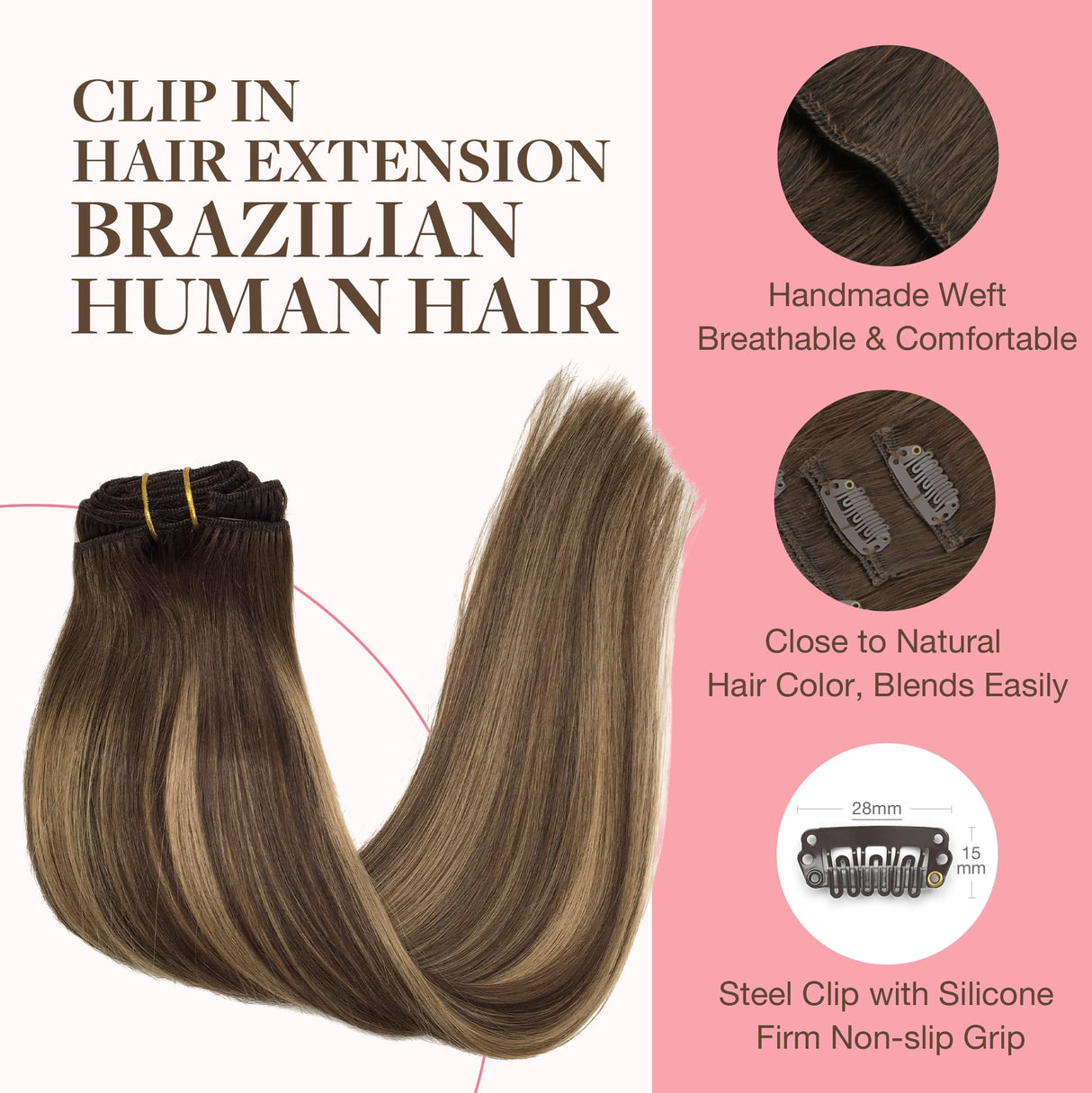 GOO GOO Clip in Hair Extensions Real Human Hair, Remy Human Hair Extensions Clip ins for Women, Natural Human Hair, 20inch 120g 7Pcs, 4/27/4 Balayage Chocolate Brown to Caramel Blonde