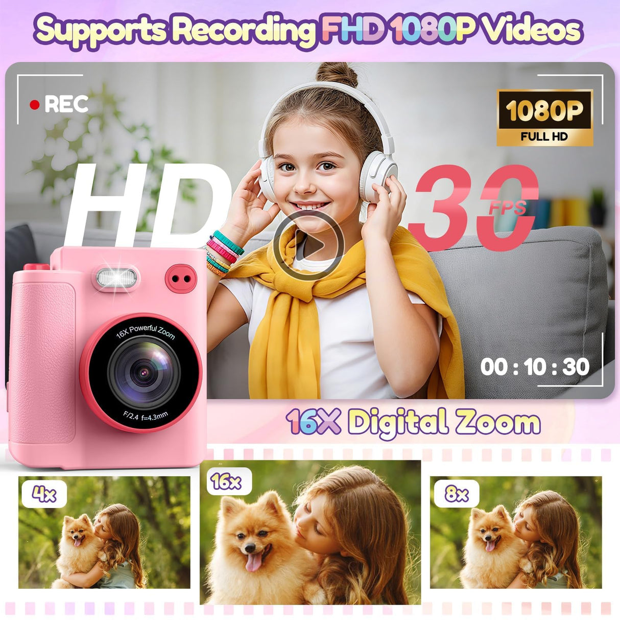 Gift for Girls Kids Camera: Instant Print Dual Lens Digital Camera Toys for Girl 3-12 Birthday Christmas Valentines Gifts for Kid Girls Boys Ages 3 4 5 6 7 8 9 10 with 32G SD Card Storage Bag Pink