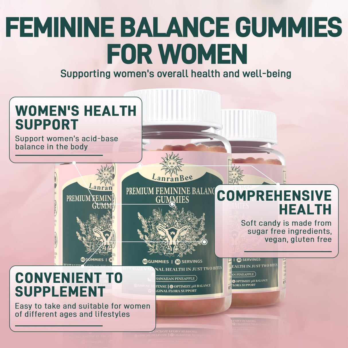 LanranBee Premium Feminine Balance Gummies - for Women’s Health & Wellness - Immune Support - Vegan, Gluten-Free & Halal - Hawaiian Pineapple - 60 Gummies - 30 Servings (2)