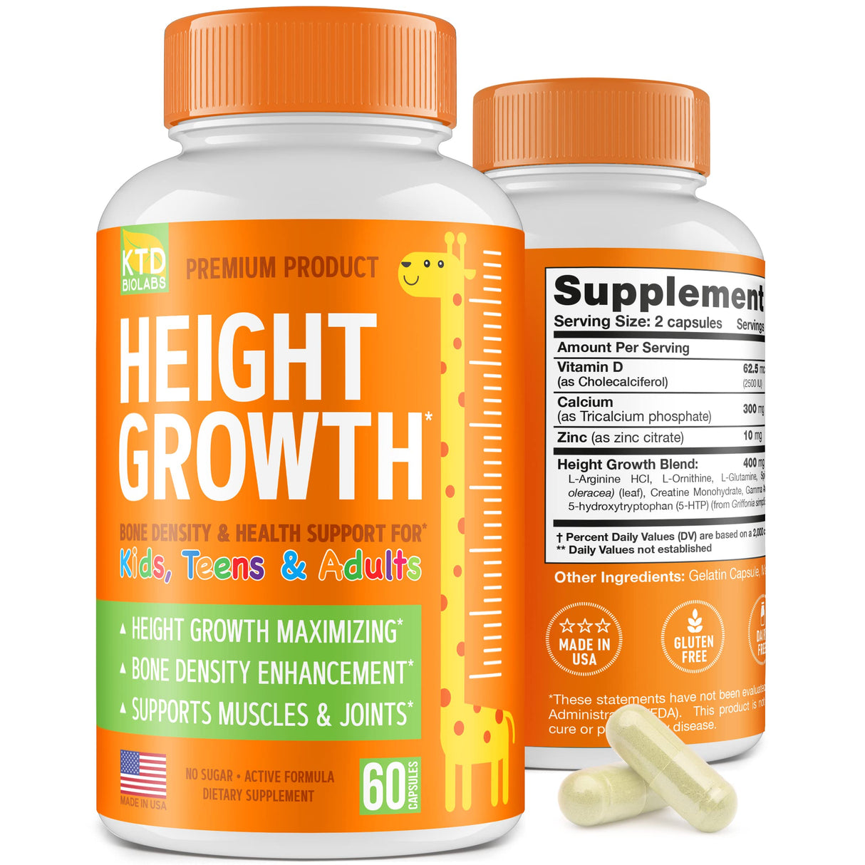 KTD BIOLABS Height Growth Maximizer - Made in USA - Natural Height Increase Booster & Teen Vitamins - Pills to Grow Taller at Any Age - Bone Growth Supplement for Adults & Kids