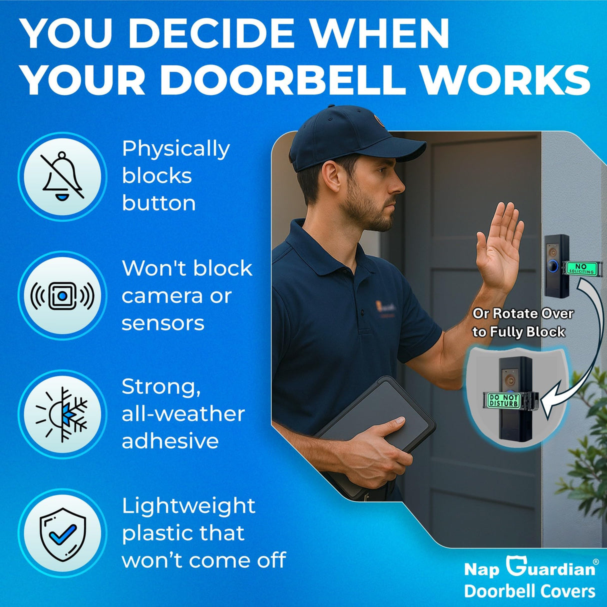 Nap Guardian – The Original – Invented in USA – No Soliciting Doorbell Cover for Ring & Video Doorbells – Blocks Button to Stop Ringing – Rotates Do Not Disturb/No Soliciting