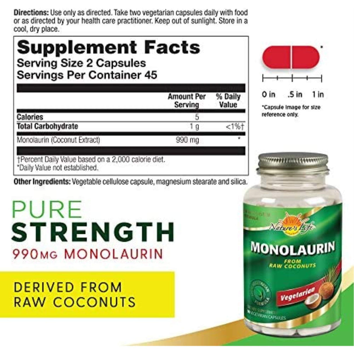 Nature's Life Monolaurin Capsules, 1000 mg | Vegetarian | Support for Healthy Immune Function & Digestion | Optimal Wellness Benefits | 90 ct
