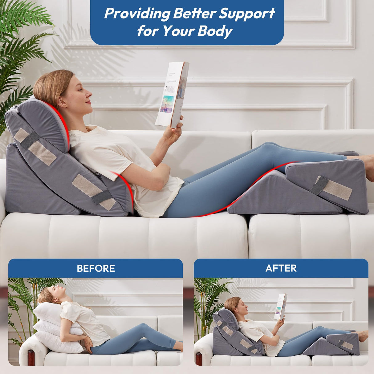 Ahpmeoa 6PCS Wedge Pillow Set for After Surgery, Back Support Pillow for Bed, Bed Wedge Pillow for Post Surgery, Back Rest Pillow for Sitting in Bed, Pillow for Back Pain Relief, Plush Grey