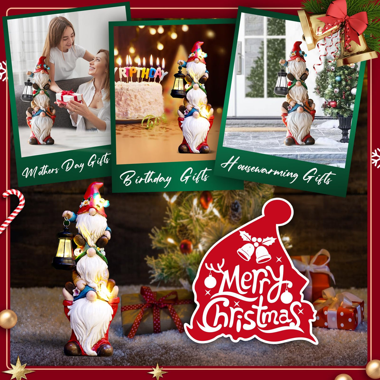 twinbling Christmas Garden Gnome Statue with Solar Lights Garden Sculptures Funny Triple Gnome Outdoor Patio Lawn Yard Balcony Home Decor Birthday Gifts for Women Mom Grandma 12 in Thanksgiving Gnome