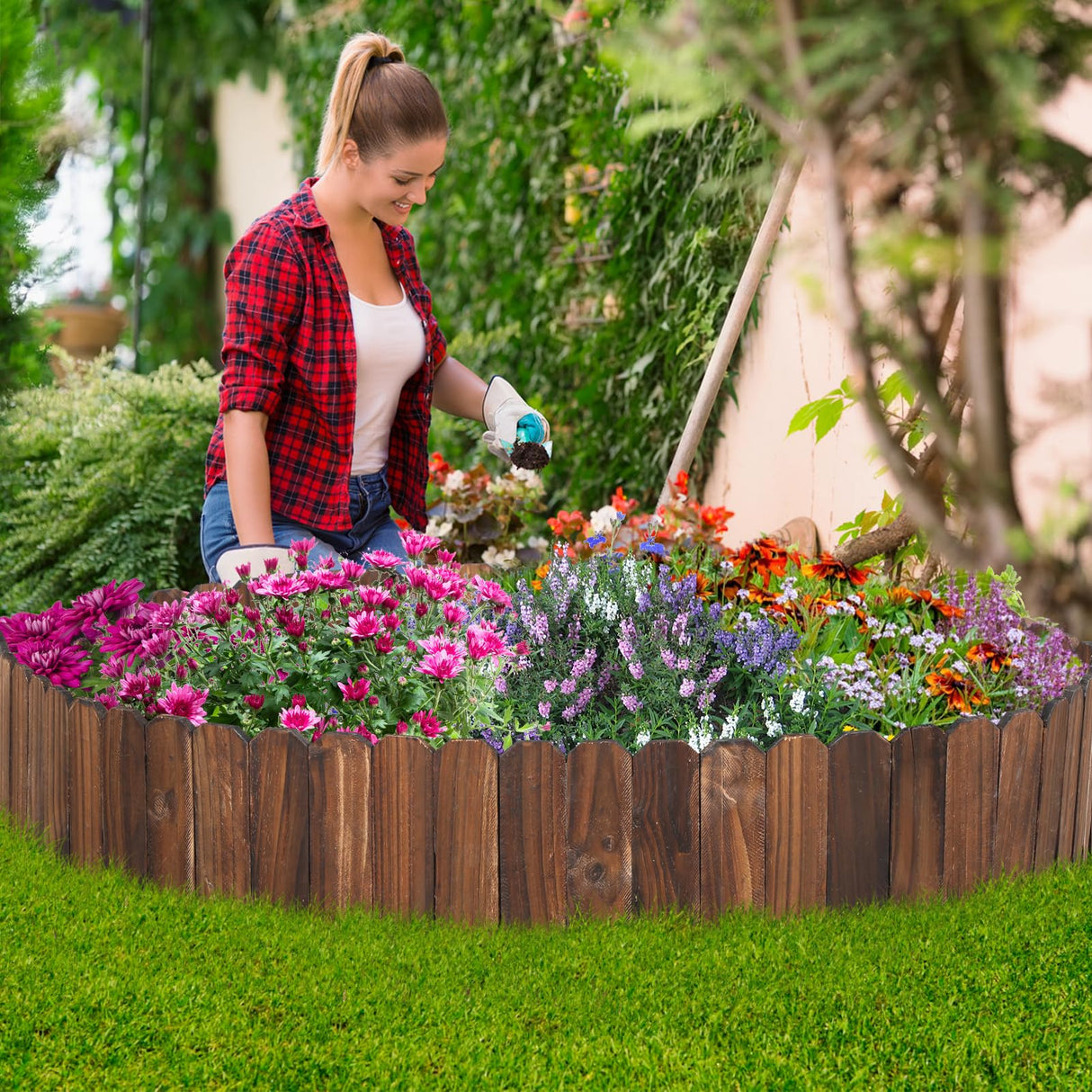 Wooden Garden Edging - 13.1ft x 11.8in Pine Landscape Border, Flexible Weather-Resistant Fences for Decorate Spring Outdoor Patio Yard Lawn Flower Beds