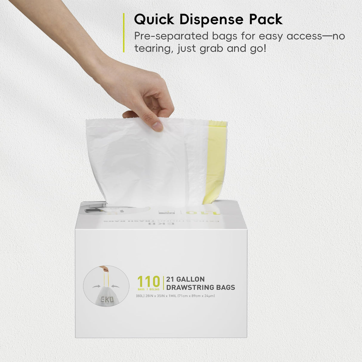 EKO Extra Strong 21 Gallon Large Trash Bags, Heavy-Duty Drawstring Kitchen & Household Garbage Bags (80L), Leak-Resistant, 110 Count, Code G