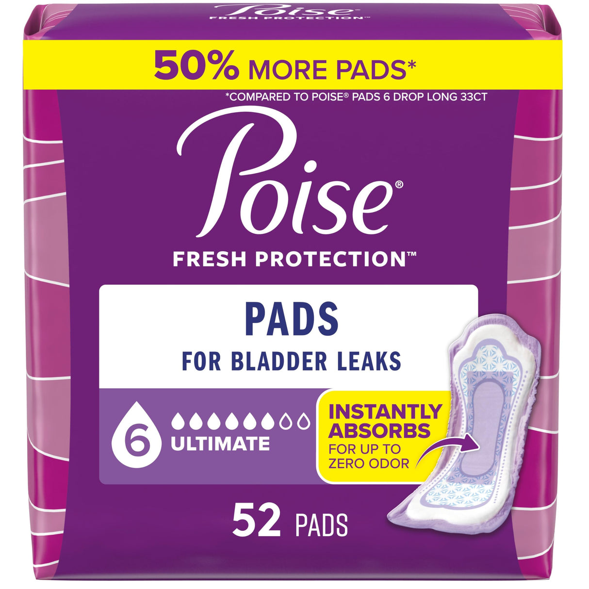 Poise Incontinence Pads & Postpartum Incontinence Pads, 6 Drop Ultimate Absorbency, Regular Length, 52 Count, Packaging May Vary