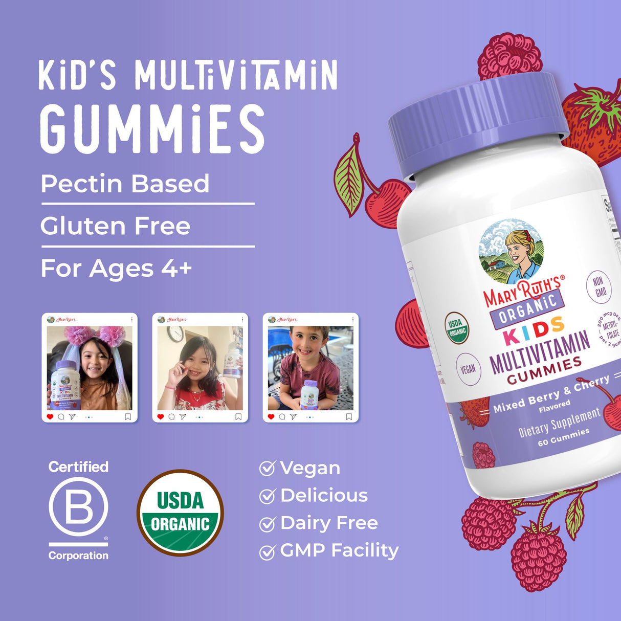 MaryRuth Organics Kids Vitamins | Multi | 1 Month Supply | Multivitamin Gummies for Ages 4+ | Multivitamin for Kids | Vegan | Only 2 Gummies a Day | 60 Count