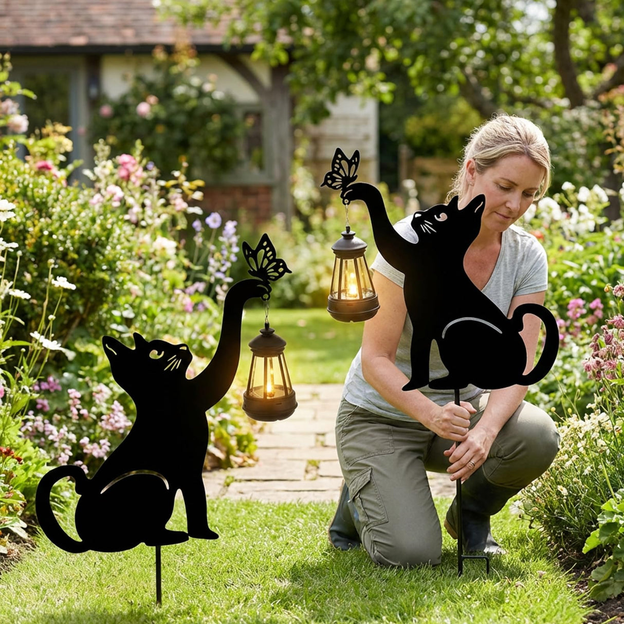 CabyGift Black Cat Solar Lights Outdoor, 2 Pack Waterproof Solar Cat Garden Stakes with Butterfly Decorative, Metal Cat Yard Decor for Patio, Lawn & Pathway, Cat Lover Gifts for Women Mom (2 Cat)