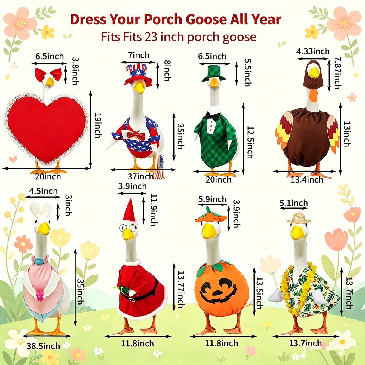 8 Set Holiday Porch Goose Outfits All Seasons Holiday Bundle St. Patrick Easter Summer Hawaiian 4th of July Fall Lawn Goose Clothing Porch Goose Clothes for Goose Patio Yard Lawn Decor