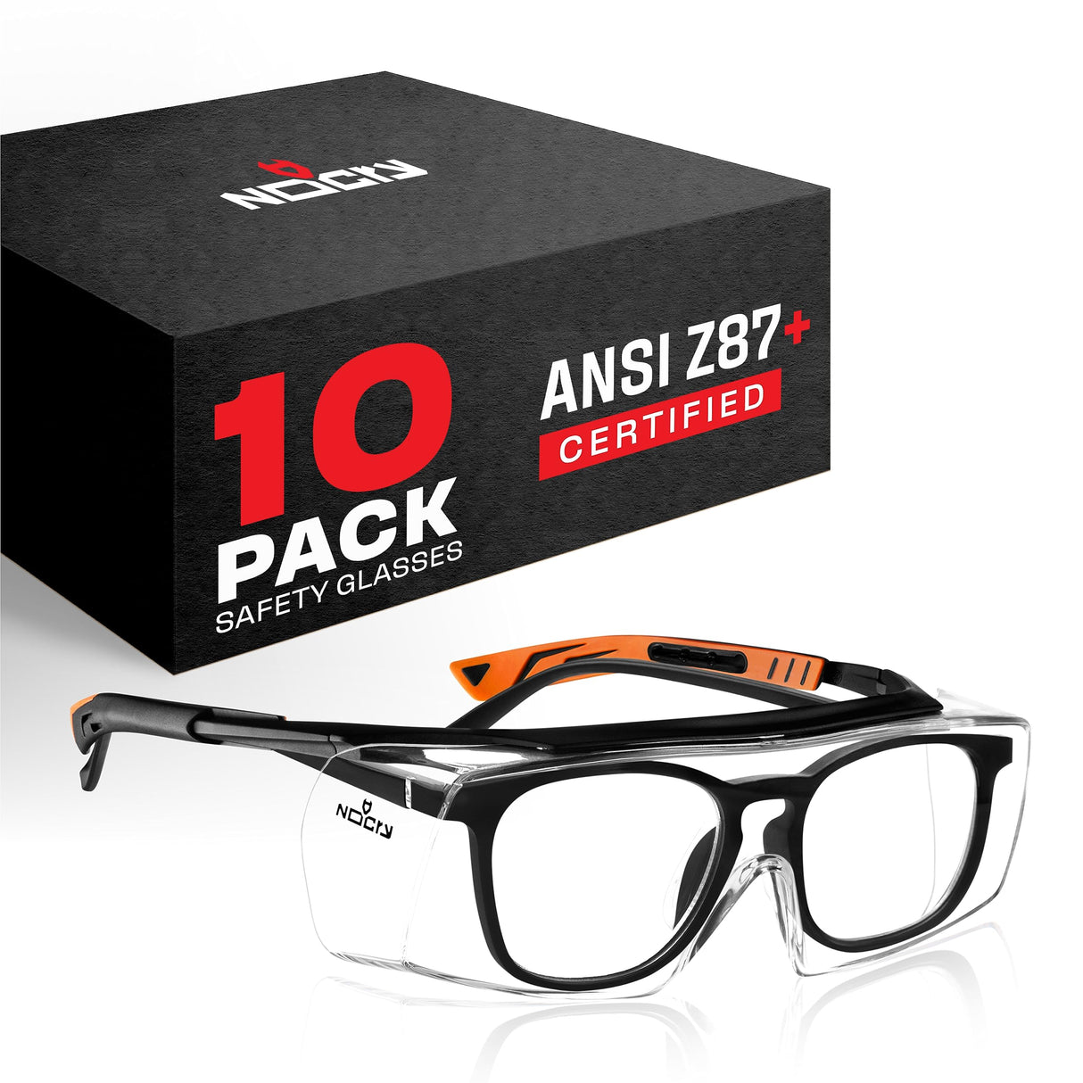 NoCry Safety Glasses Over Eyeglasses for Men and Women with Anti Scratch Lenses and Integrated Side Shields — Adjustable Temples with Anti-Slip Tips — 100% UV Protective Eyewear — ANSI Z87 (10-pack)