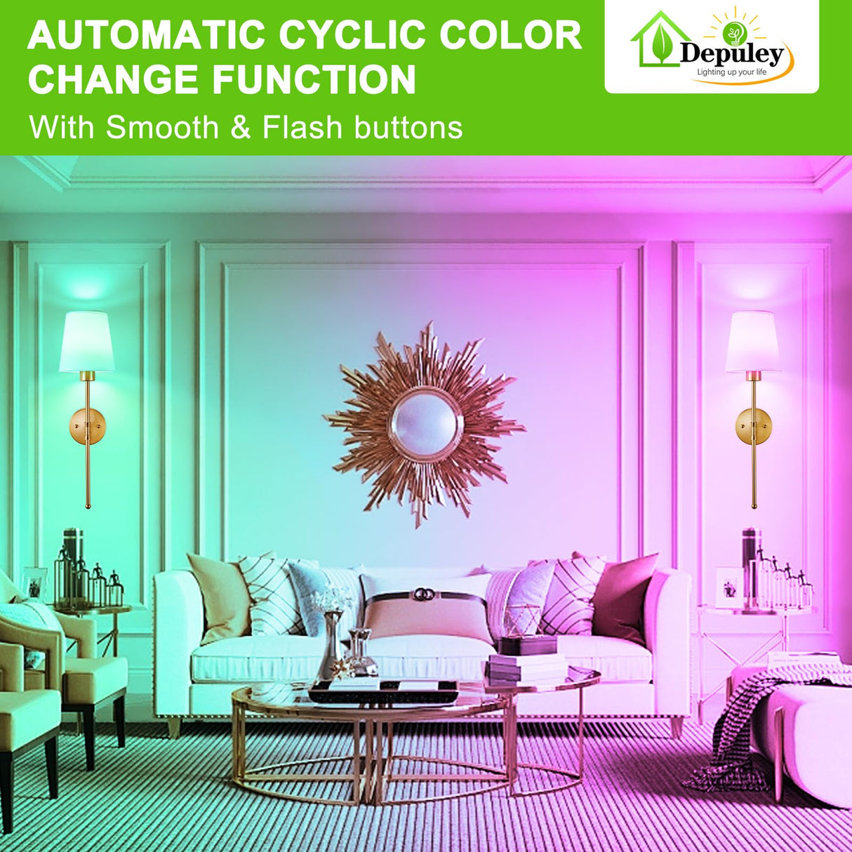 Depuley Battery Operated Wall Sconce: Set of 2 Wireless Wall Lights with 10000mAh Dimmable Bulbs and Remote for Bedroom - Rechargeable 15 Colors Gold Wall Lamp for Living Room Hallway