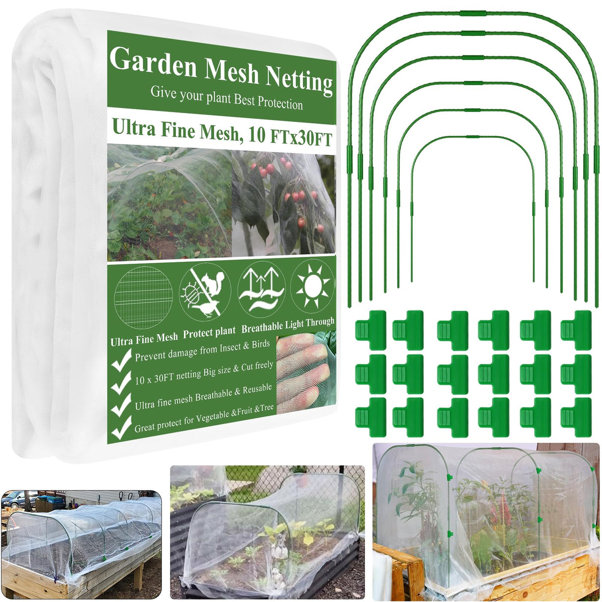 Garden Mesh Netting Kit, Plant Covers 10x30Ft Ultra Fine Mesh Netting & 6Pcs Garden Hoops &18 Clip, Garden Netting Kit for Raised Beds Plants Pest Barrier Greenhouse Row Cover Animal Protection Net
