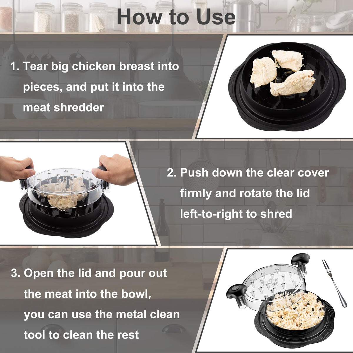 Chicken Shredder Tool Twist Large Meat Shredder with Brush&Fork, Black