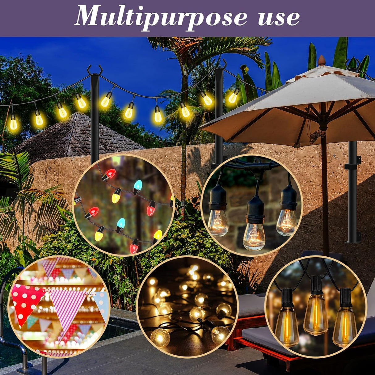2 Pack String Light Poles,5Ft Metal Poles for Outdoor String Lights,Outdoor Light Poles with Post,Poles/Stand for Outside,Patio,Deck,Backyard,Garden Wedding,Party