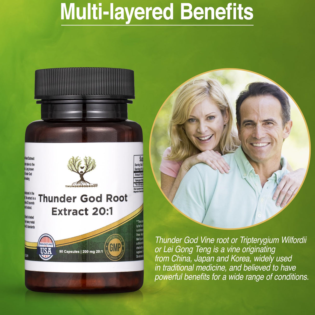 Thunder God Vine Root 20:1 Supplement – Tripterygium Wilfordii Herbal Supplement – 200mg Capsules with Lei Gong Teng Extract – Thunder God Vine Extract with Triptolide – 90 Capsules