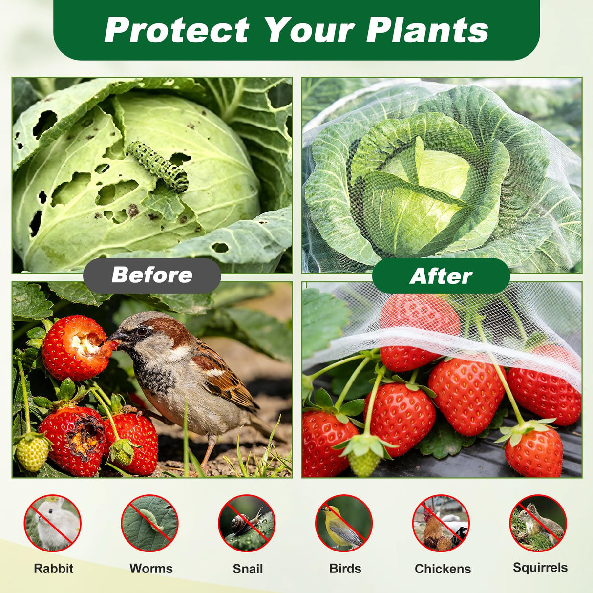 Fippy Garden Netting Kit, 10 X 50FT Garden Netting Pest Barrier with 10 Sets Garden Hoops and 20pcs Clips, Insect Netting Row Cover for Raised Beds Vegetable Fruits Flowers Protection
