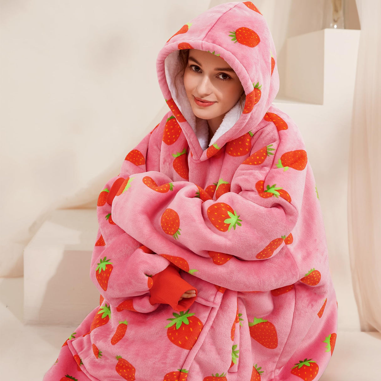 Narecte Oversized Blanket Hoodie Wearable Blanket Sweatshirt for Women Adults Soft Hooded Blanket Warm Oversized Hoodie Blanket Birthday Gifts for Women Christmas Gift for Friends Female Strawberry