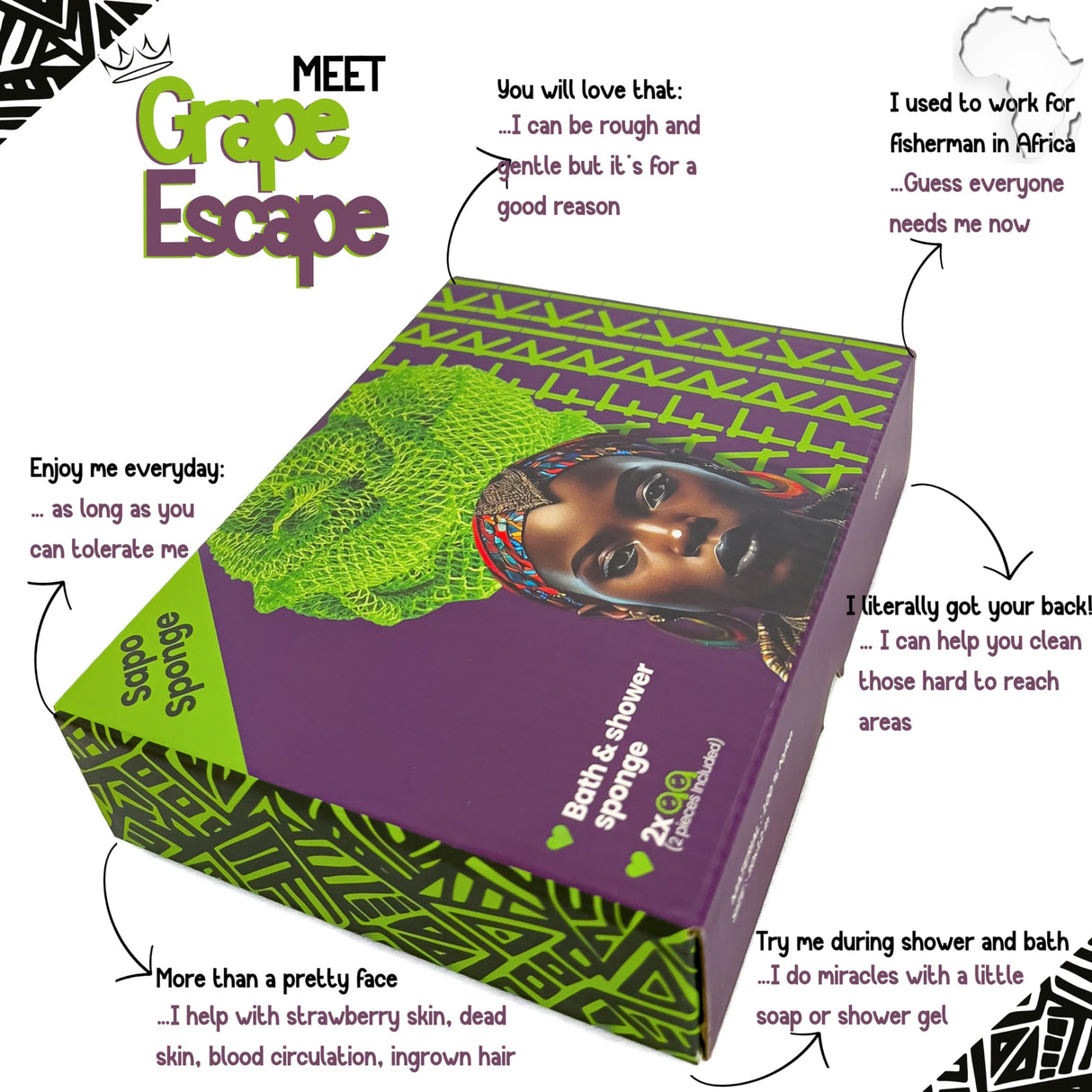 AFRIKI African Net Sponge, African Exfoliating Sponge, Black Owned, Exfoliating Washcloth, Body Exfoliator for Bath and Shower, Back Scrubber, Dead Skin Remover (Green, Purple, 1 Count (Pack of 2))