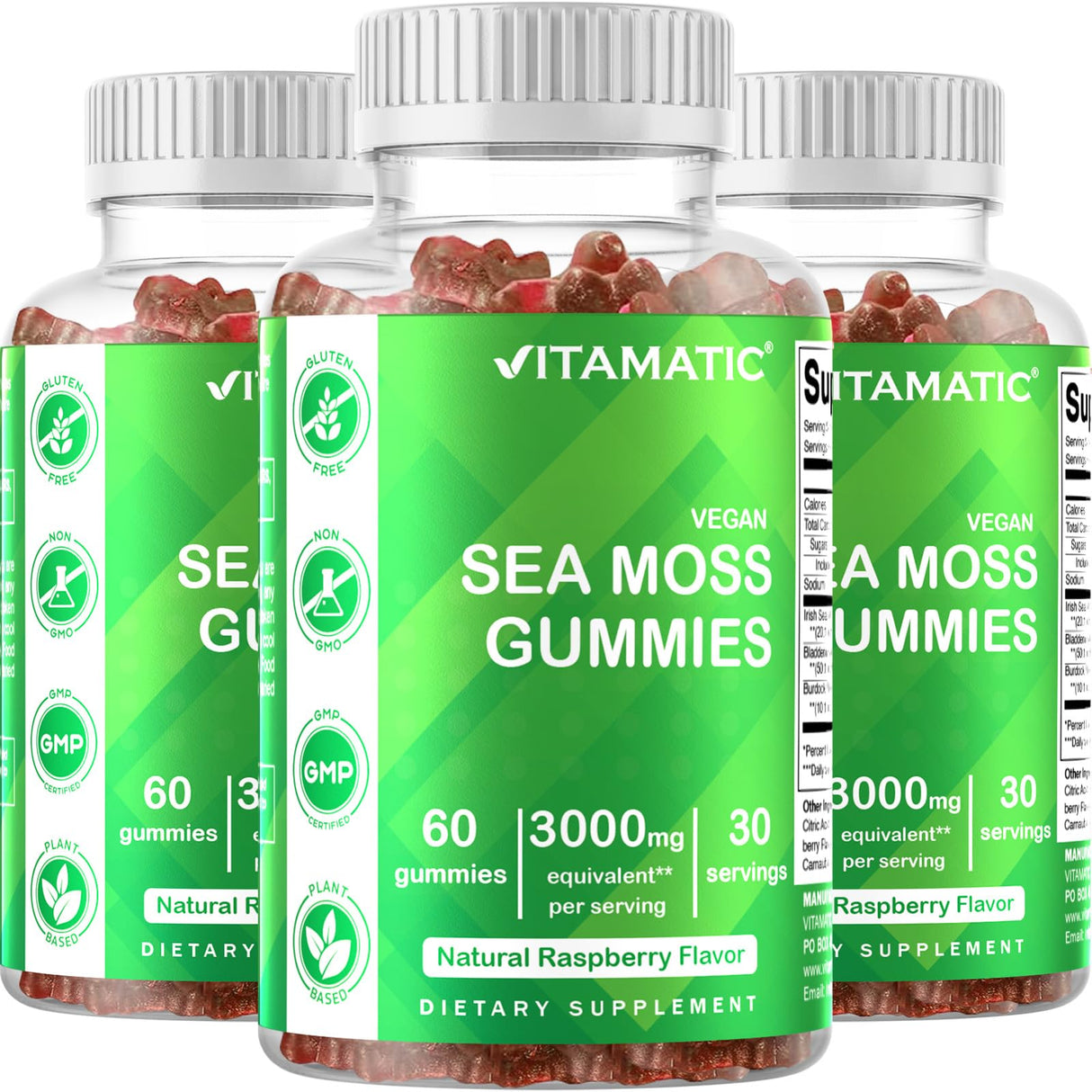 Vitamatic 3 Pack Irish Sea Moss Gummies- 3000mg Equivalent Per Serving (from Extract 132.5 mg) - 60 Ct - Made with Bladderwrack & Burdock Root - Seamoss Supplement for Thyroid, Energy, Immune Support